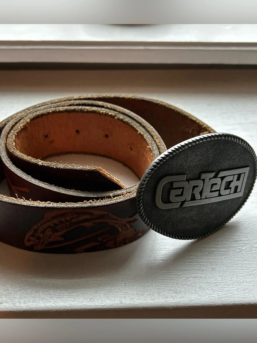 Vintage Brown Belt Fish Embossed Leather Silver CarTech Buckle